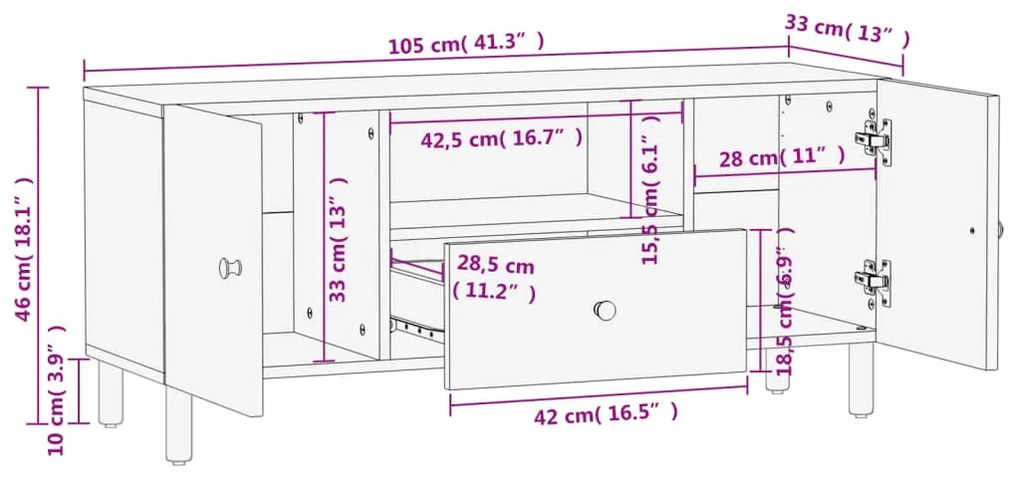 Móvel de TV 105x33x46 cm madeira de mangueira maciça preto
