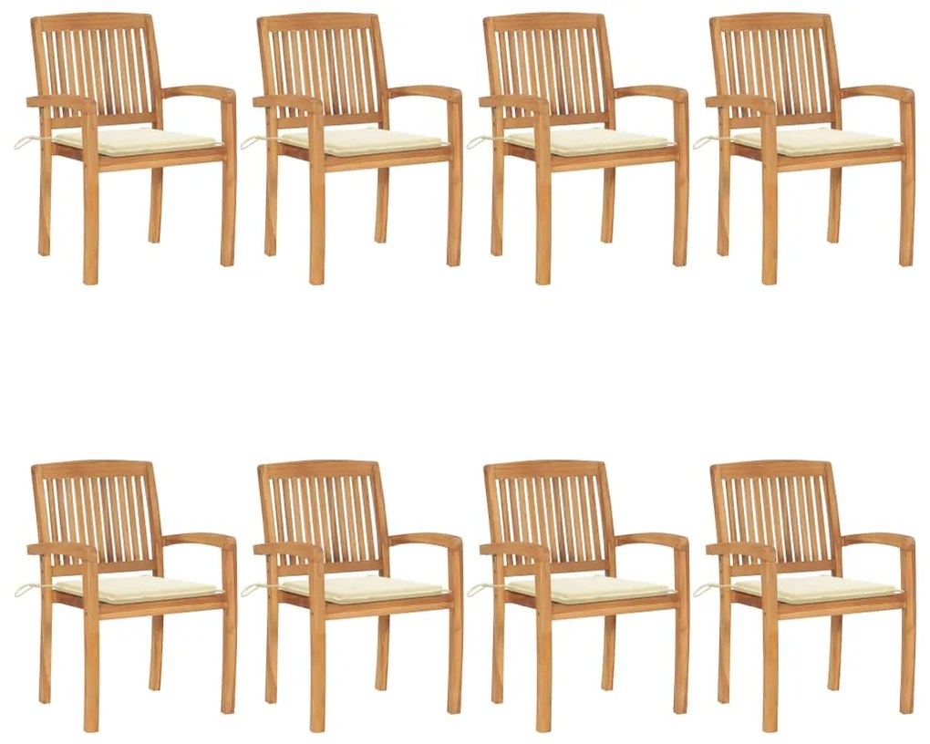 vidaXL Cadeiras de jardim empiháveis c/ almofadões 8 pcs teca maciça