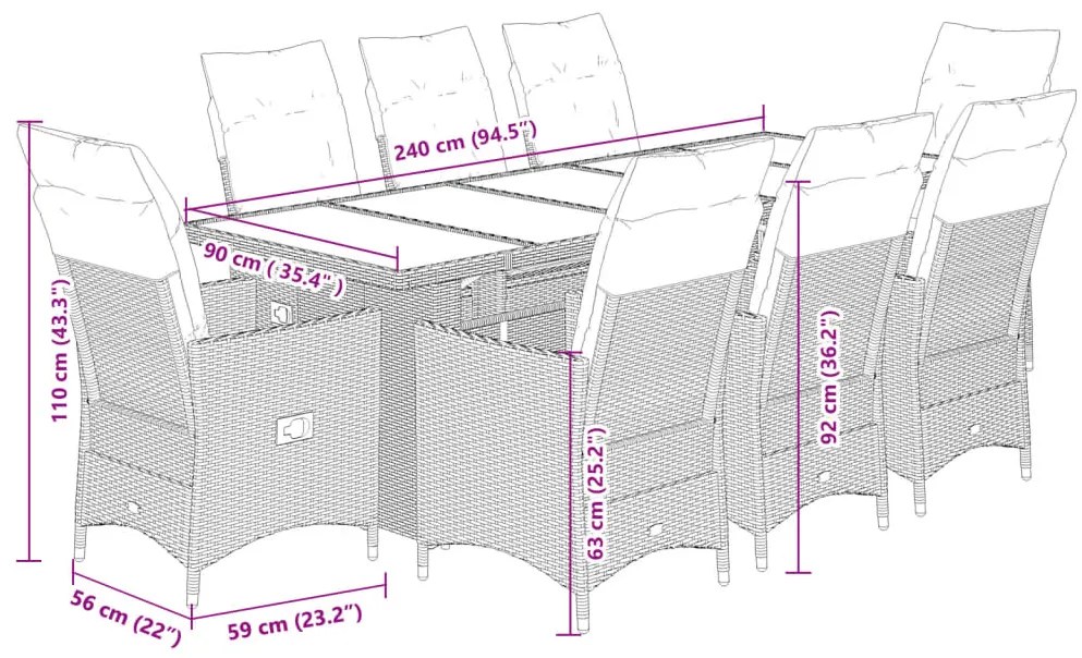 9 pcs conjunto de bistrô para jardim c/ almofadões vime PE bege