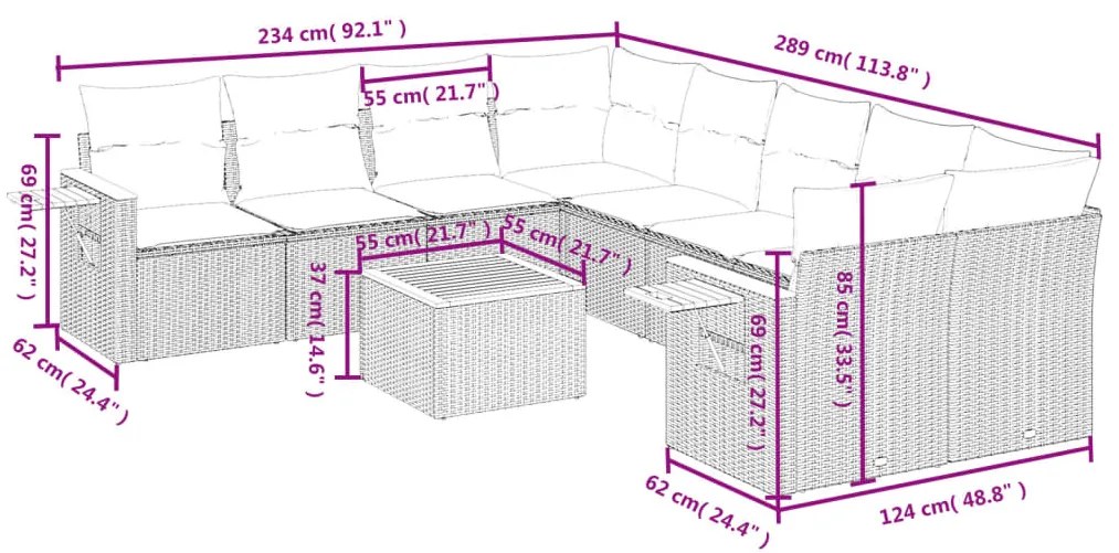9 pcs conjunto de sofás p/ jardim c/ almofadões vime PE preto