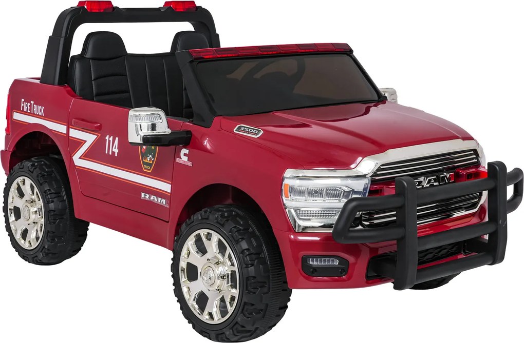 Jipe elétrico para Crianças 24V RAM 3500 Bombeiros Rodas de espuma EVA, assento Couro ecológico Vermelho