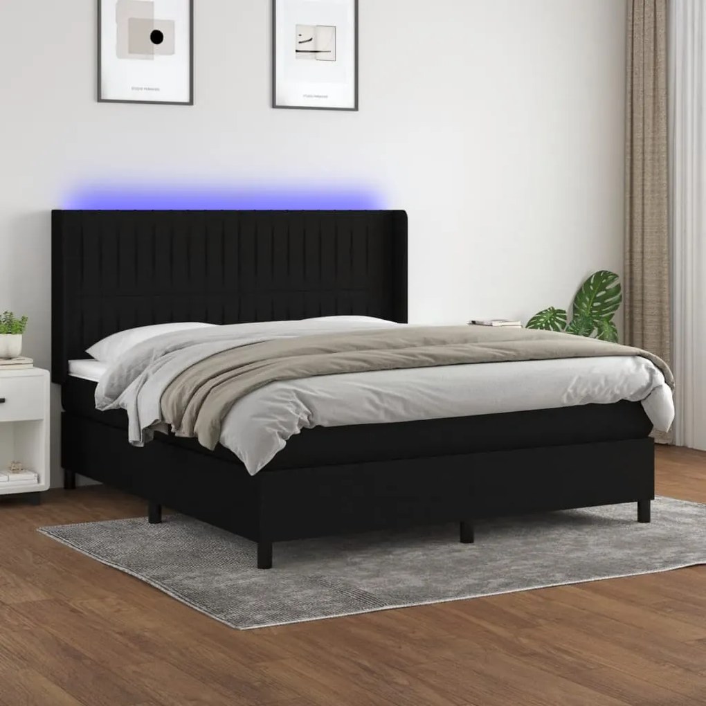 Cama box spring c/ colchão e LED 160x200 cm tecido preto