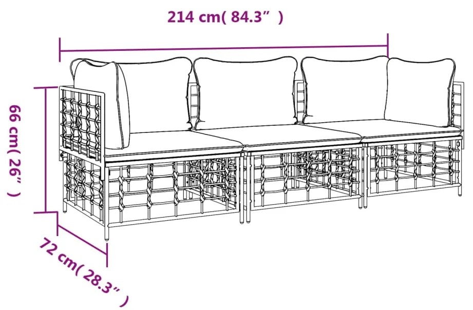 3 pcs conjunto lounge de jardim c/ almofadões vime PE antracite