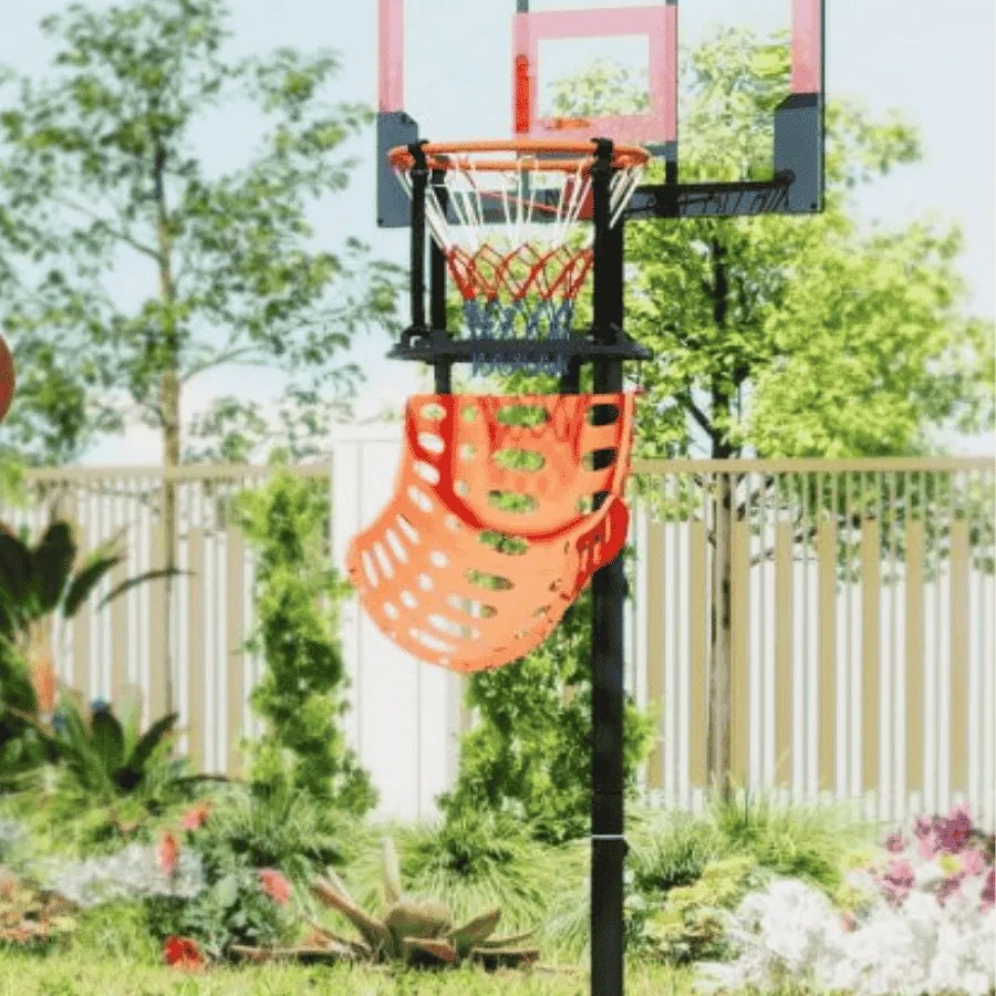 Acessório de retorno de basquetebol 360° giratório de cesto de basquetebol com 4 ganchos Sistema de retorno de bolas laranja