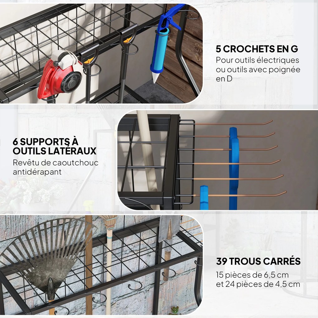 Organizador de ferramentas de jardim com ganchos para ferramentas de garagem, de 3 níveis, 84 x 53 x 73 cm