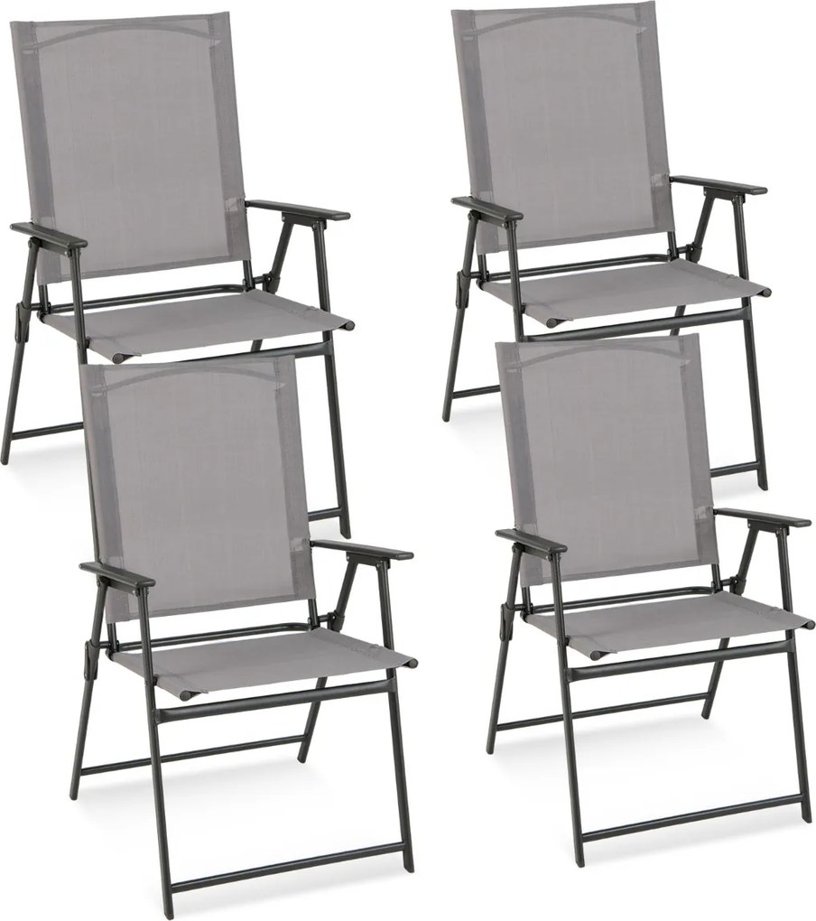 4 cadeiras jardim dobráveis com encosto alto Cadeiras de jantar para exterior em metal de tecido resistente Jardim Piscina Cinzento