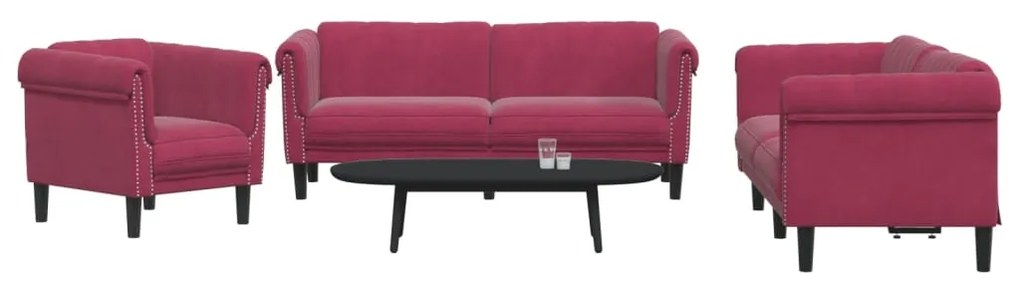 vidaXL 3 pcs conjunto de sofás veludo vermelho-tinto