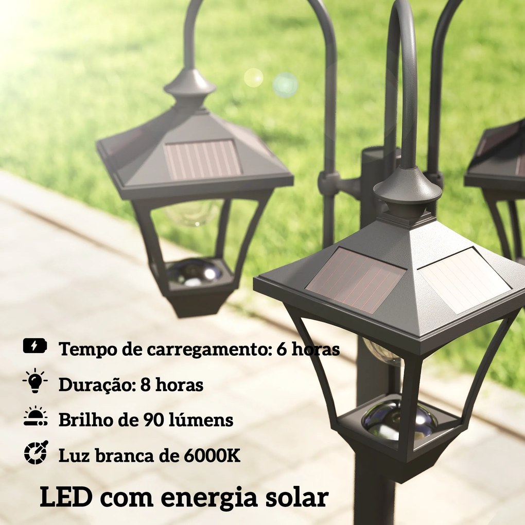 Candeeiro Solar de Jardim com Floreiras 3 Cabeças Impermeável IP44 Ligação/Desligamento Automático e Altura Ajustável 52x52x185 cm Preto