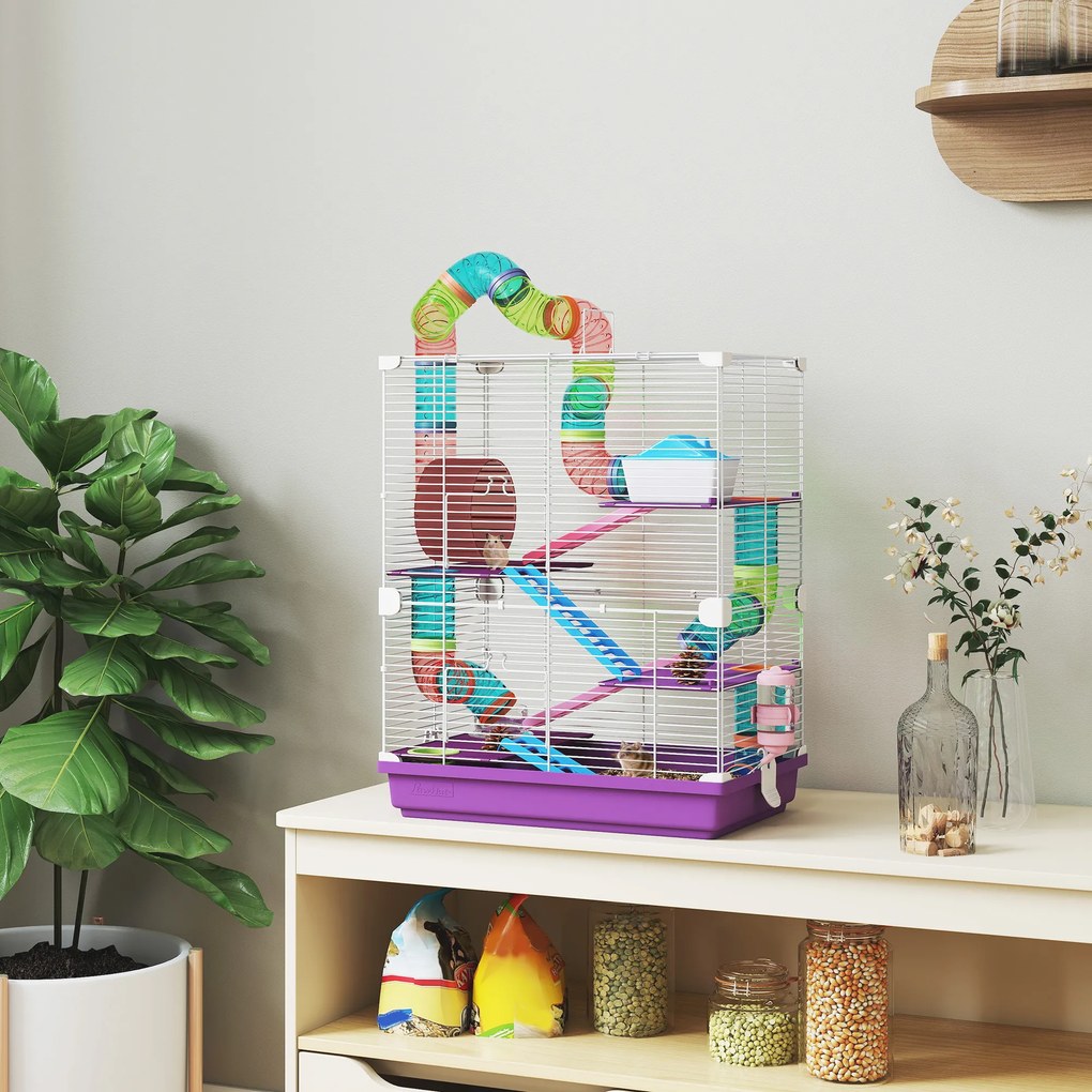 Gaiola para hamster de 4 andares com túneis, comedouro, roda, casinha e escadas – 46 x 30 x 58 cm – roxa