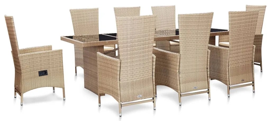 9 pcs conjunto jantar exterior com almofadões vime PE bege