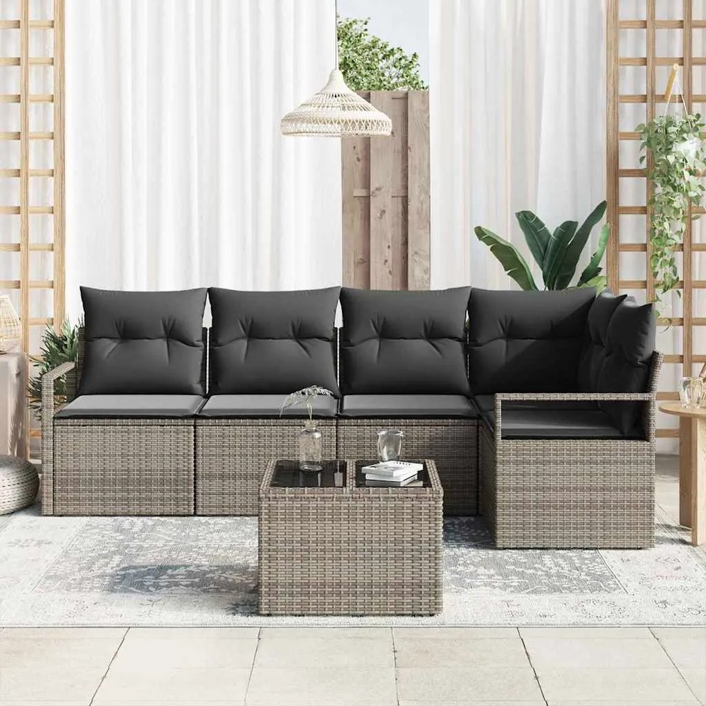 Conjunto de Sofá de Jardim 5 Peças com Almofadas de Rattan Poliéster P