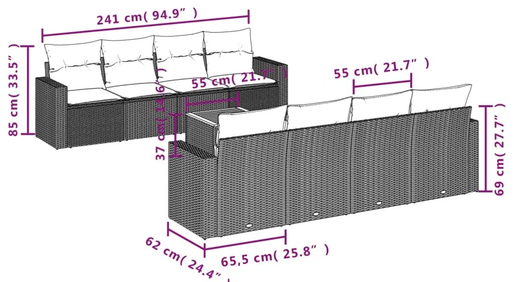 9 pcs conjunto sofás p/ jardim com almofadões vime PE cinzento