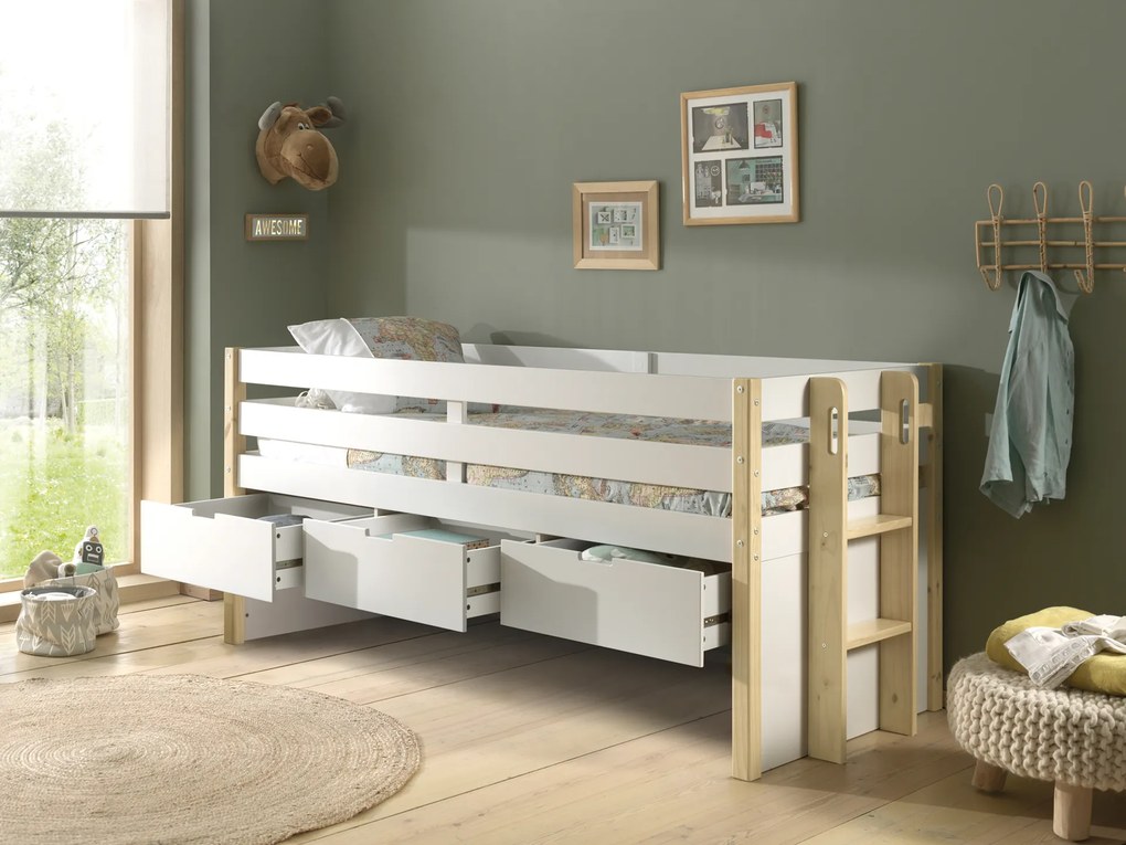 Cama infantil MARGRIT (90 x 200 cm) + Estrado + 3 gavetas para arrumação Natural / Branca