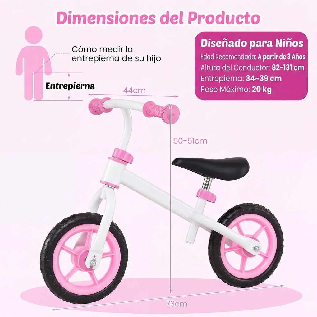 Bicicleta de Equilíbrio Infantil, 73 x 44 x 50 cm, Quadro Metálico Ultraleve, Cor-de-rosa