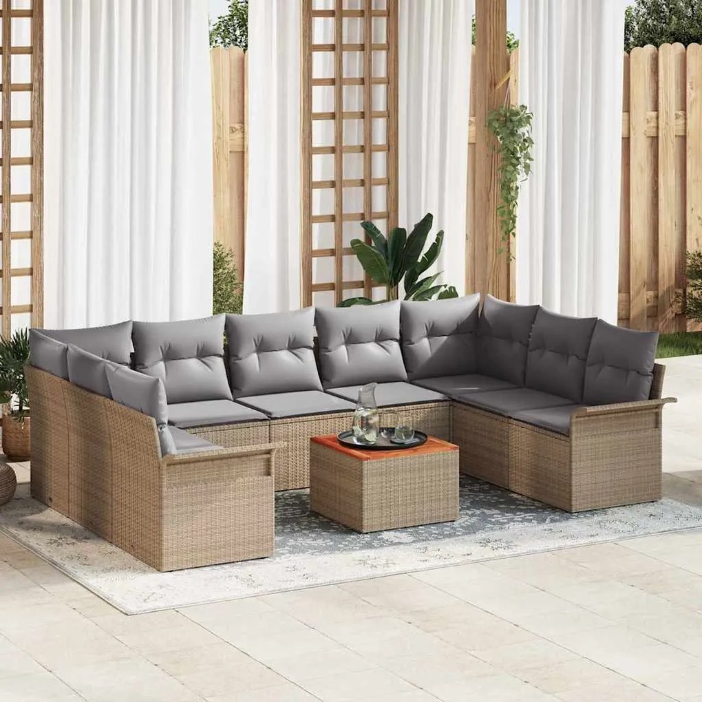 Conjunto de Sofá para Jardim com 10 Peças e Almofadas Beiges em Rattan