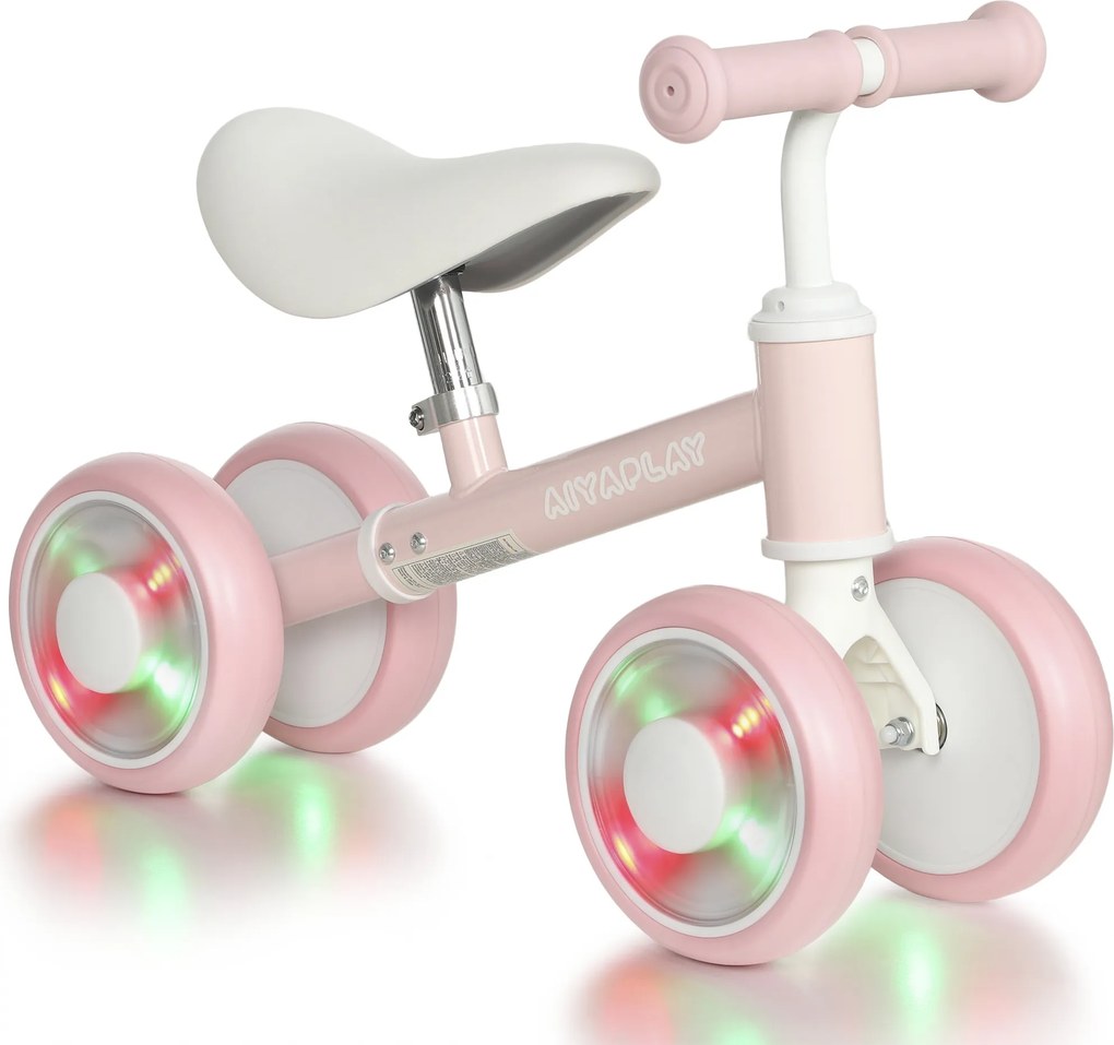 AIYAPLAY Bicicleta sem Pedais com Limite de Direção de 135°, Assento Ajustável, 4 Rodas EVA com Luzes, para Crianças de 1 a 2 Anos, Cor-de-Rosa | Aosom Portugal