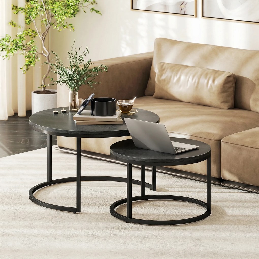 Conjunto de 2 mesas baixas encaixáveis e empilháveis, de design industrial, com pés em metal preto