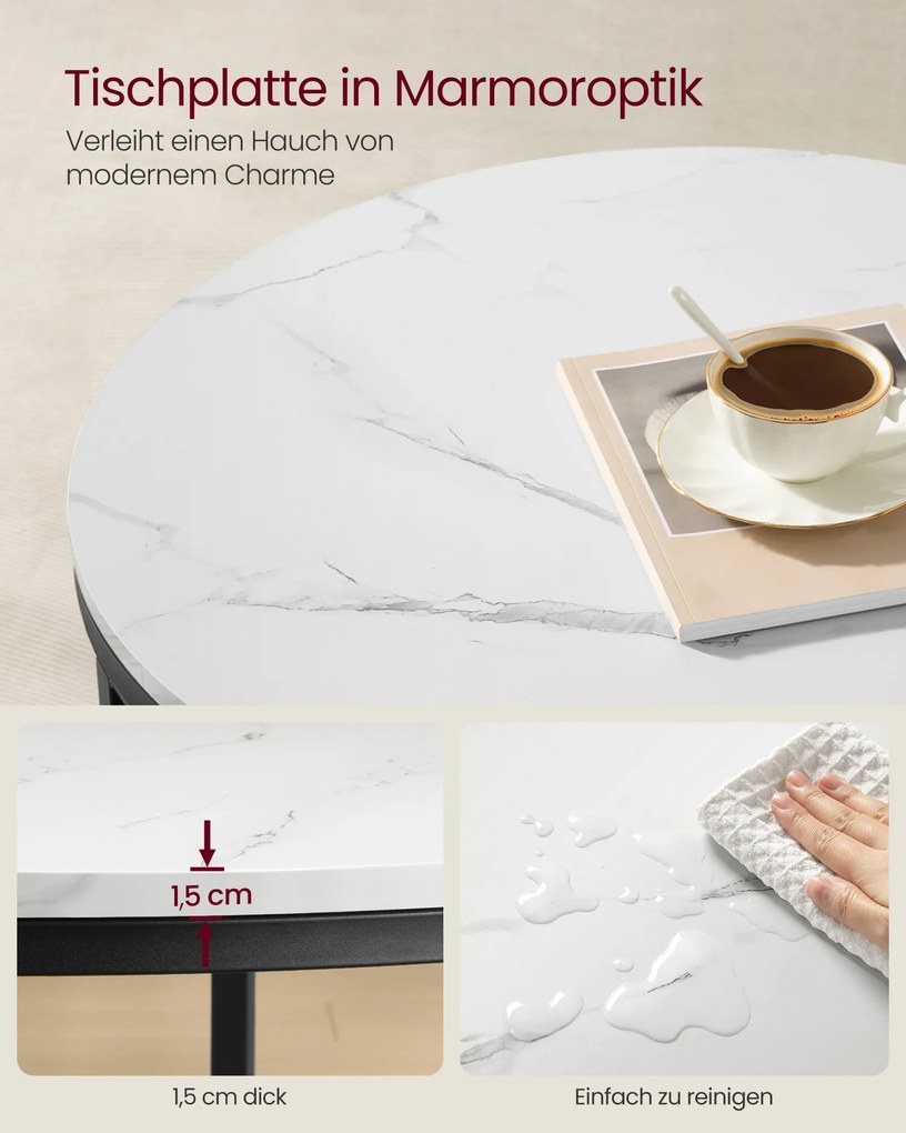 Mesa de sala com tampo em com efeito mármore e estrutura simples 65 x 46 cm (Ø x A) Branco mármore-Preto
