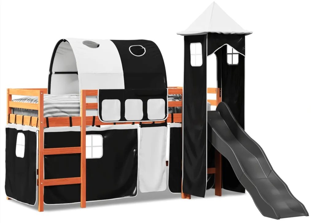 Cama alta criança c/ torre 90x200 cm pinho maciço branco/preto