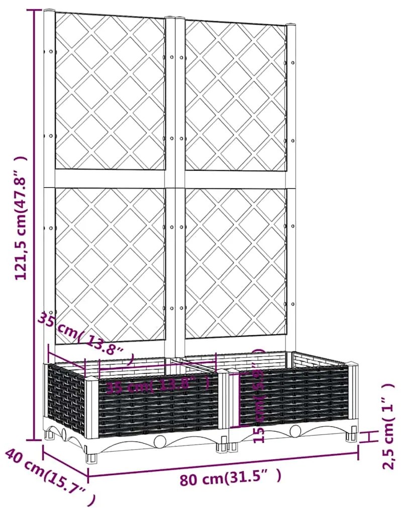 Vaso/floreira jardim c/ treliça 80x40x121,5 cm PP cinzento azul