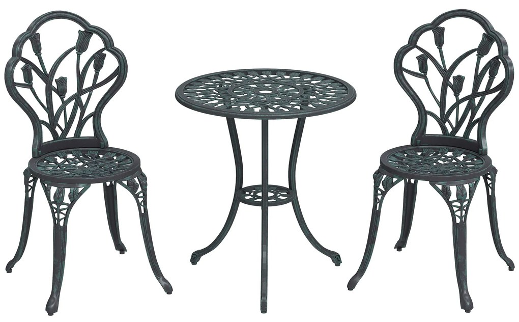 Outsunny Conjunto de Mobiliário de Jardim 2 Lugares 2 Cadeiras Mesa Redonda Alumínio Imitação Ferro Forjado Verde | Aosom Portugal