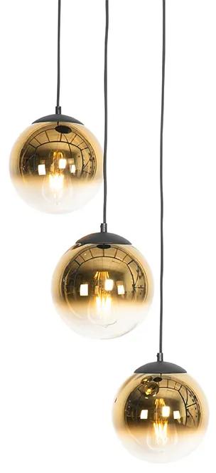 Candeeiro suspenso Art Deco preto com vidro dourado redondo 3 luzes - Pallon Art Deco