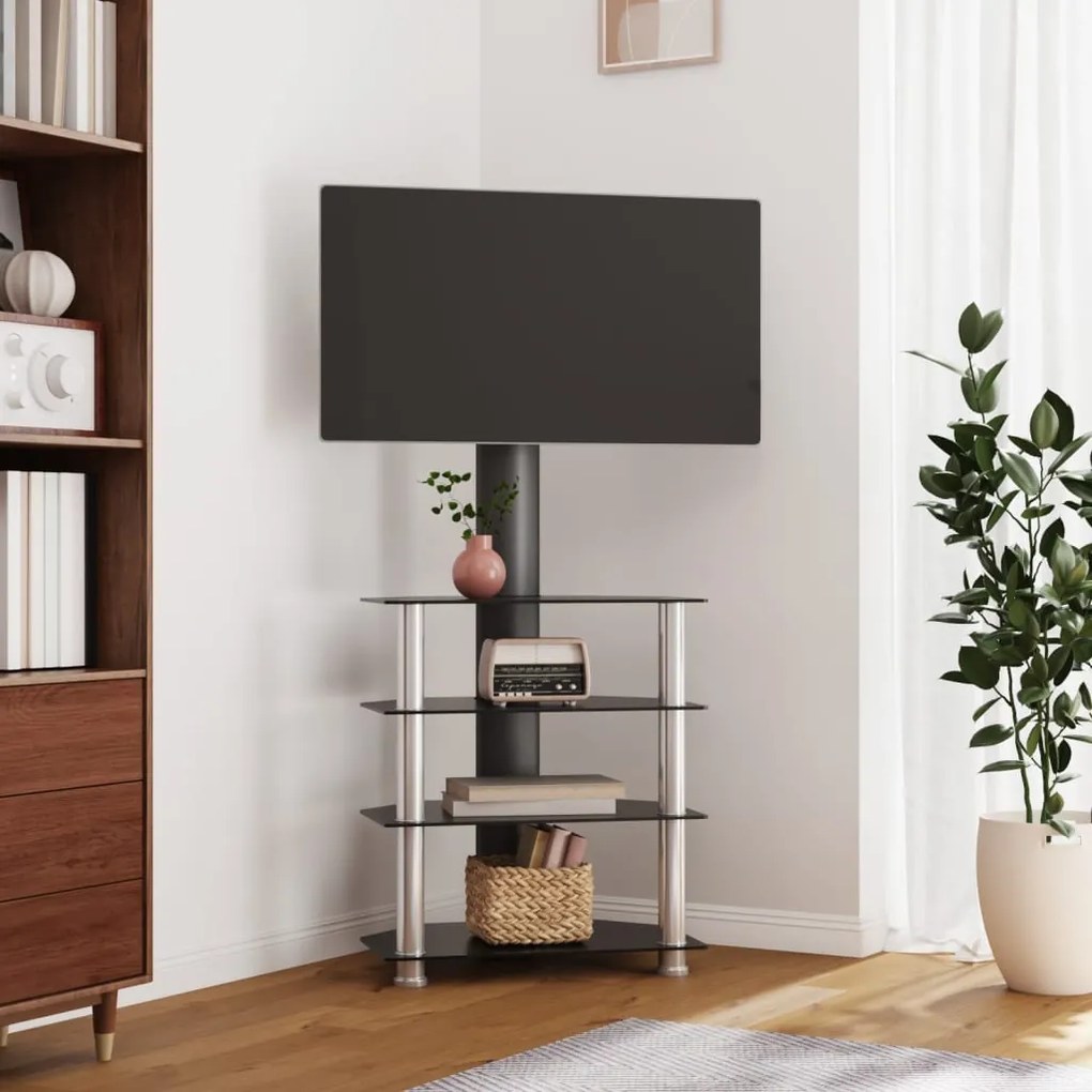 vidaXL Suporte canto TV 32-70 polegadas 4 prateleiras preto/prateado