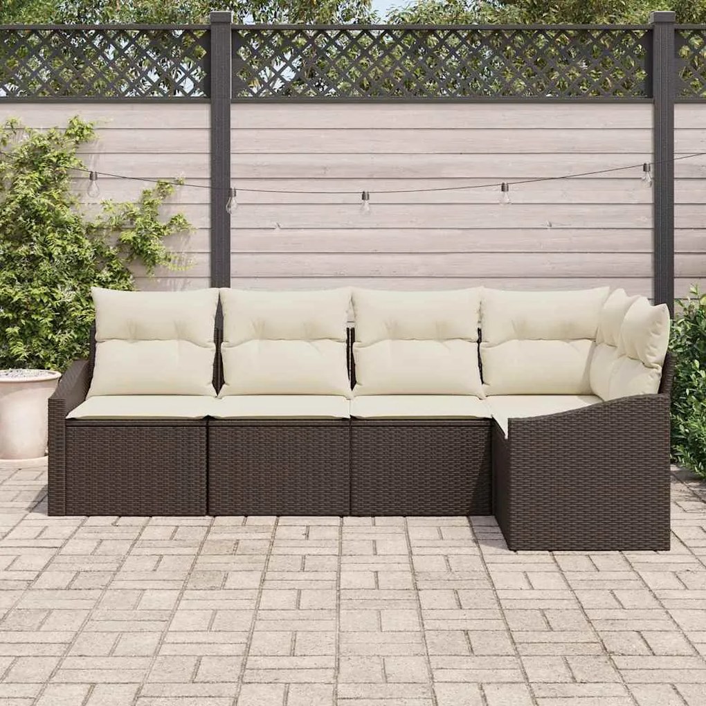 Conjunto de Sofá de Jardim de 5 Peças com Almofadas Marrons em Rattan
