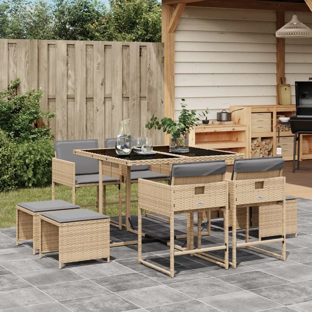 vidaXL 9 pcs conj. jantar jardim c/ almofadões vime PE bege misturado