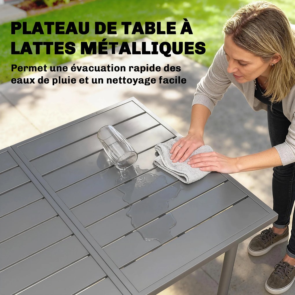 Mesa de jardim para 6 pessoas, 165 x 80 cm (CADEIRAS NÃO INCLUIDAS), mesa de jantar retangular para exterior com tampo de ripas de metal