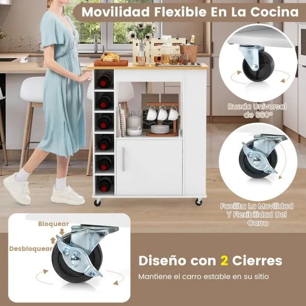 Carrinho de cozinha com rodas, toalheiro e tampa de bambu para sala de jantar e bar Estante para 6 garrafas de vinho 76 x 44 x 89 cm Branco