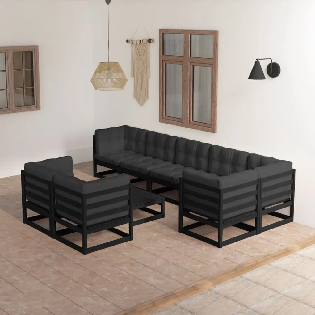 9 pcs conjunto lounge de jardim c/ almofadões pinho maciço