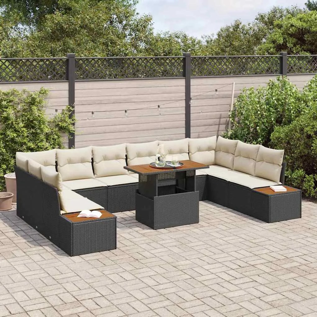 Conjunto de Jantar de Jardim com 11 peças e almofadas pretas em rattan
