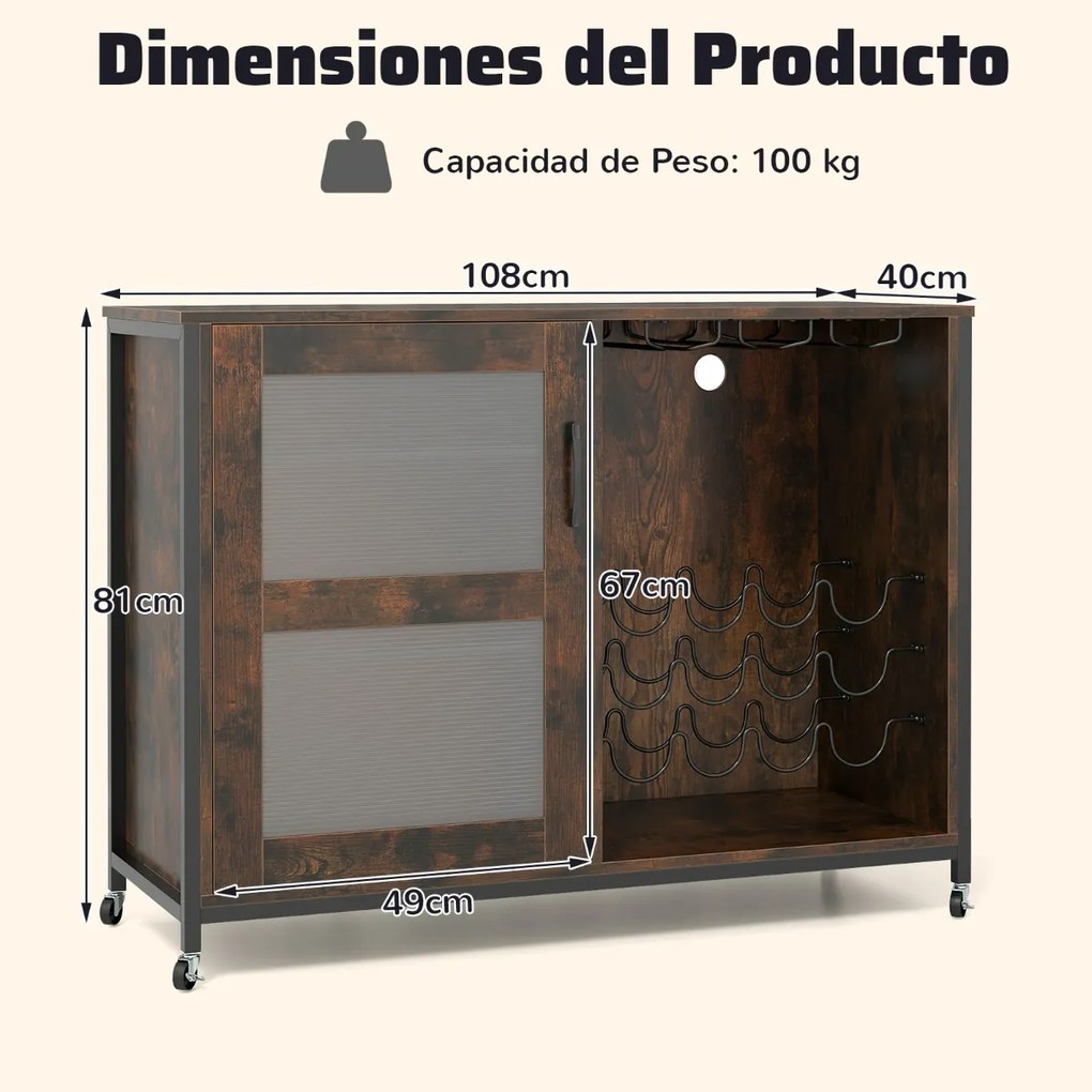 Garrafeira para Vinhos 108 x 40 x 81 cm com Luz LED de Cozinha com Prateleiras Ajustáveis Suportes para Copos e Garrafas Móvel Castanho