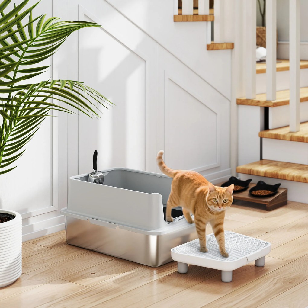 Caixa de Areia XL para Gatos, 60,2 x 40,2 x 29,6 cm, Aço Inoxidável, Cinzento
