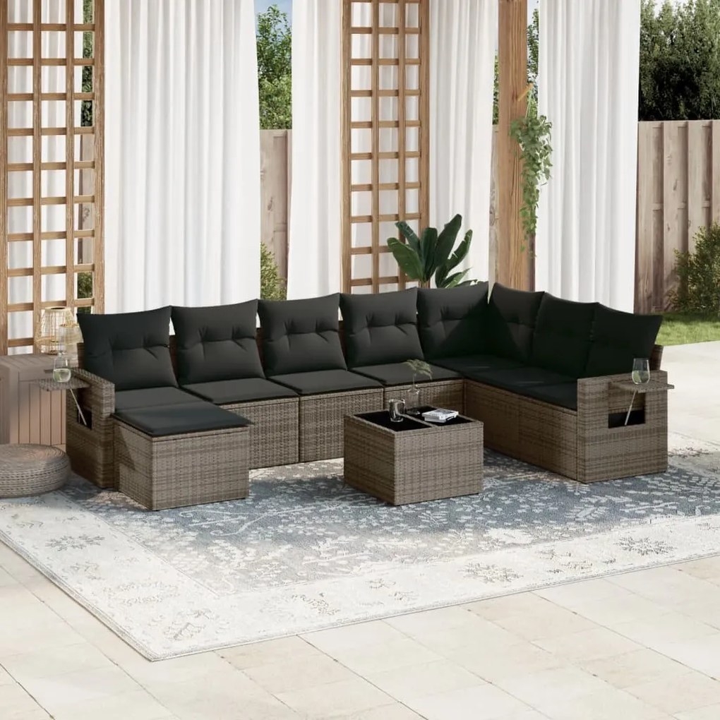 vidaXL 9 pcs conjunto sofás p/ jardim com almofadões vime PE cinzento
