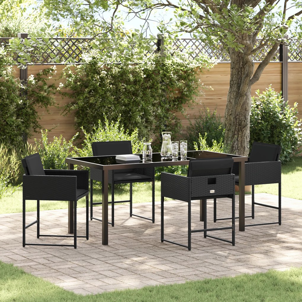 vidaXL Conjunto de Jantar de 5 Peças com Almofadas Preto Rattan Poliéster