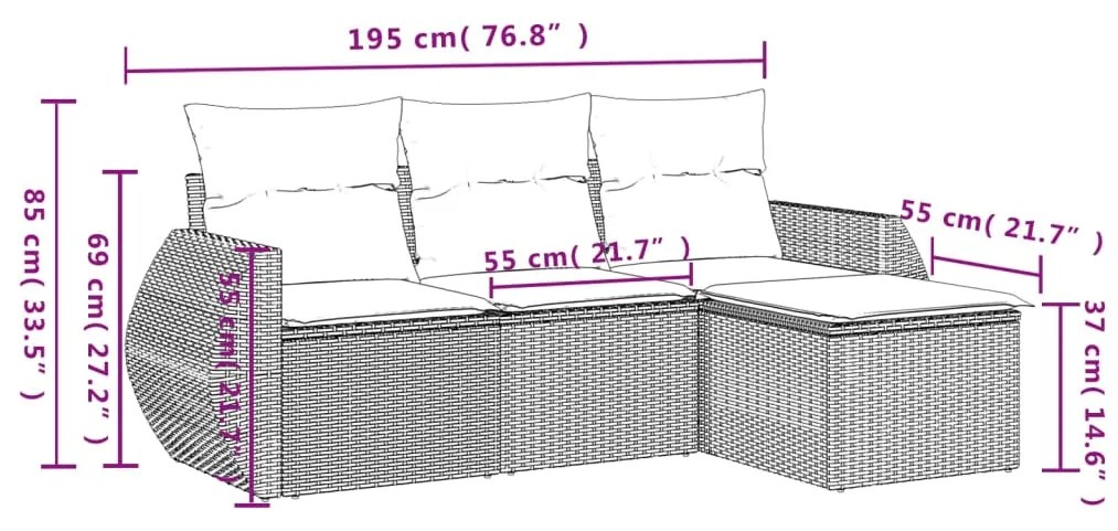 4 pcs conjunto sofás de jardim c/ almofadões vime PE castanho