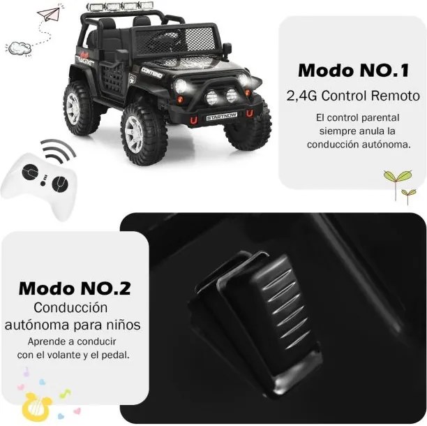 Carro elétrico 12V para crianças com controlo remoto, 3 velocidades, suspensão, música e buzina, para 3 a 7 anos, Preto
