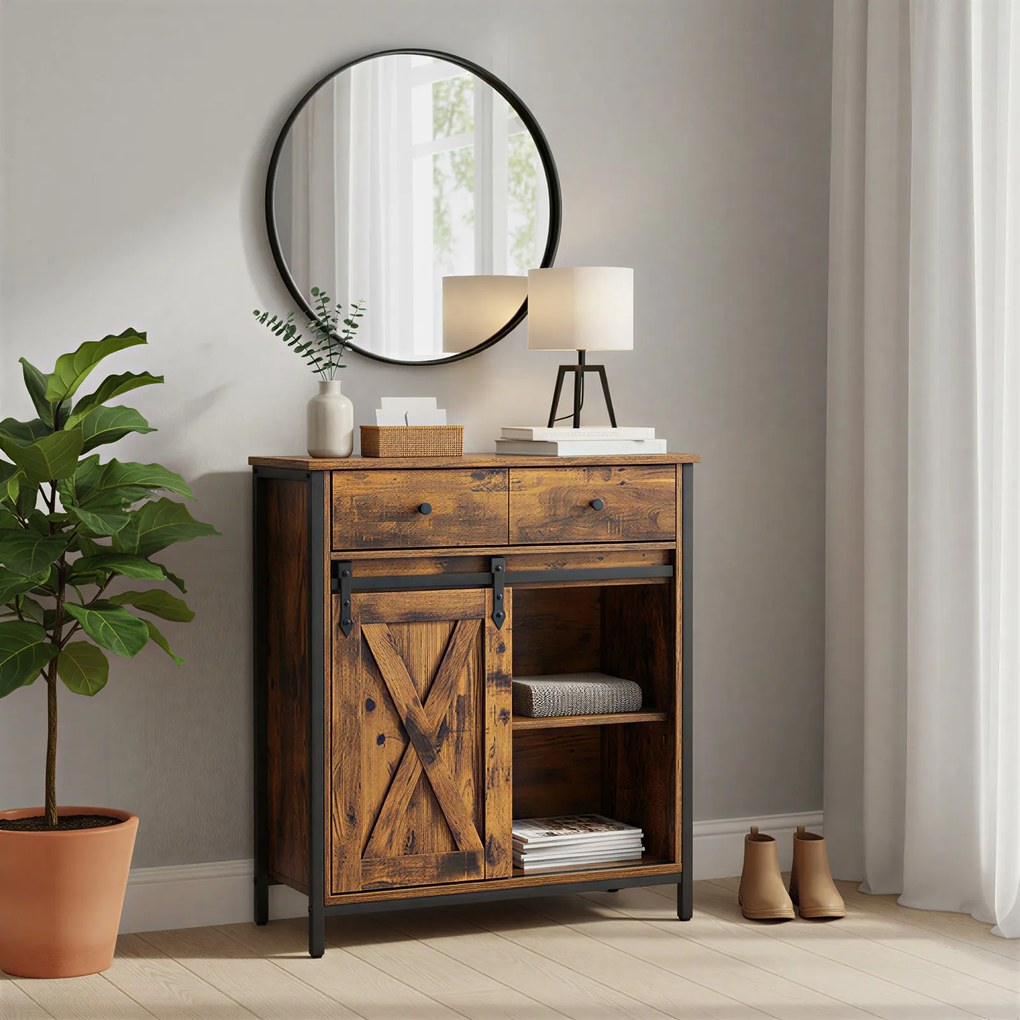 Aparador, Armário de cozinha, armário com porta de correr 70 x 30 x 80 cm castanho rustico-preto