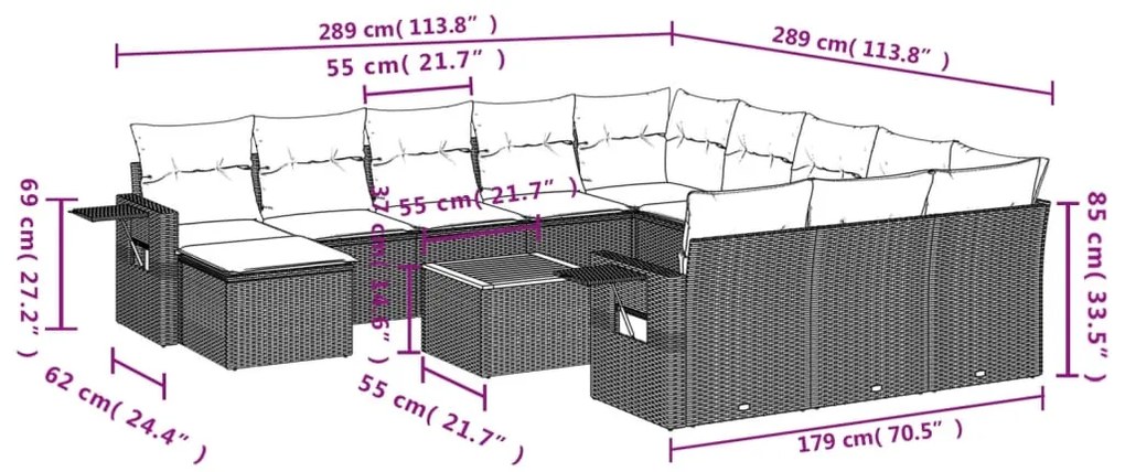 13 pcs conjunto de sofás de jardim com almofadões vime PE preto