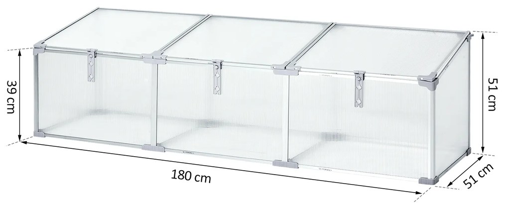 Estufa de Jardim Alumínio Policarbonato Transparente Viveiro Caseiro para Plantas Culturas Proteção UV e Resistente 180x51x51cm