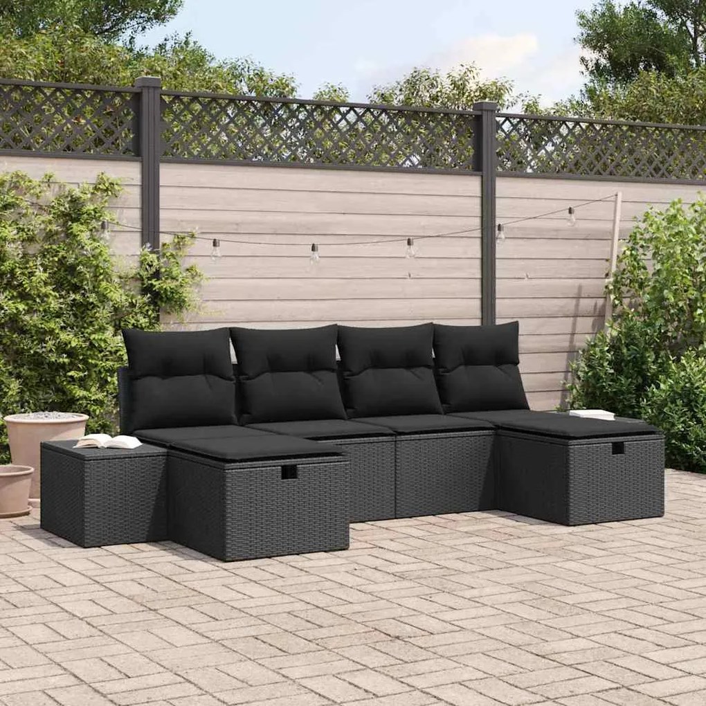 vidaXL Conjunto de Sofá de Jardim com almofada 6 pcs Preto vime PE