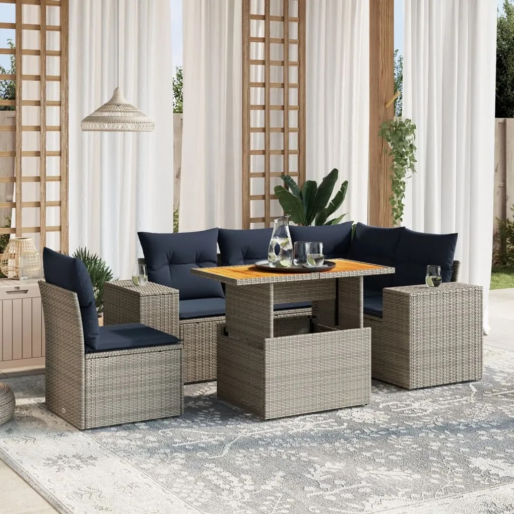 vidaXL 6 pcs conjunto sofás p/ jardim c/ almofadões vime PE cinzento