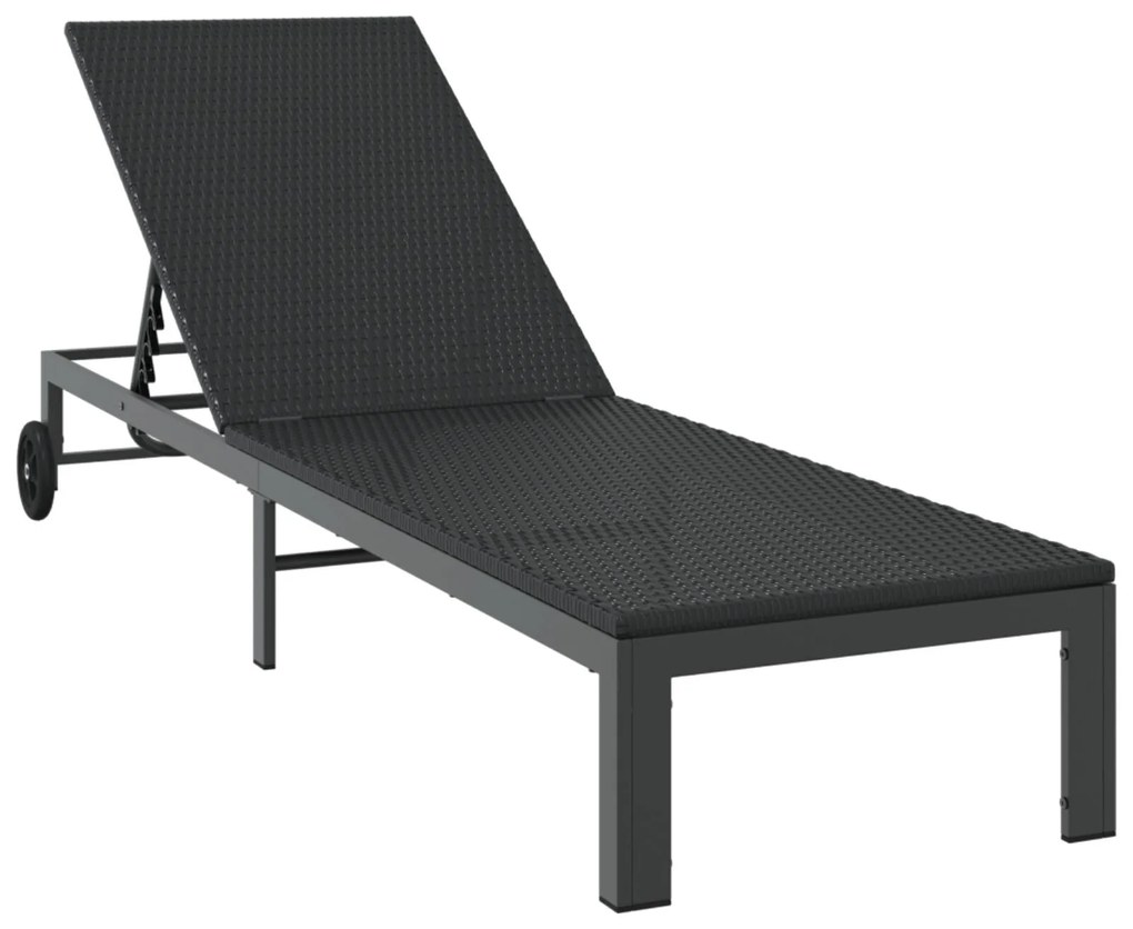 Espreguiçadeiras 2 pcs com Rodas e Mesa em Rattan Preto