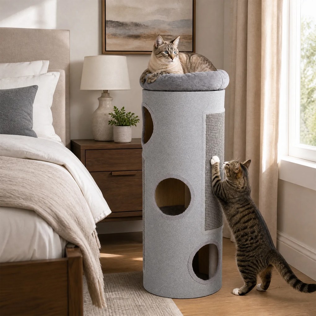 Arranhador para Gatos, 43 x 43 x 113 cm, Com 3 Grutas, Cinzento-claro
