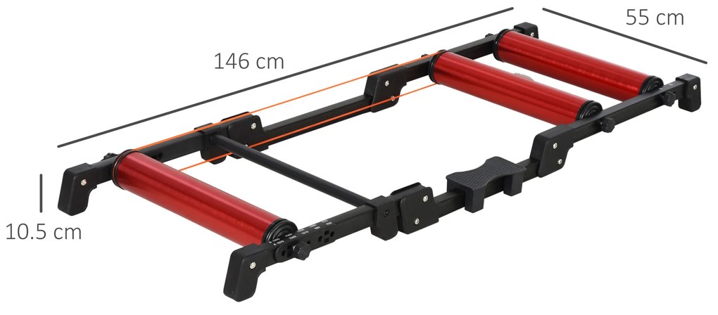 HOMCOM Rolos de bicicleta Treinamento Interno Rolo dobrável ajustável para ciclismo com pedal Esteira transportadora Suporta até 150 kg 146x55x10.5 cm Vermelho e preto