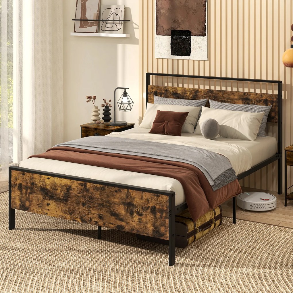 Cama de plataforma com estrutura de metal de 140x200 cm e cabeceira de 32 cm com barra antiderrapante e base para colchão sem necessidade de molas, preta