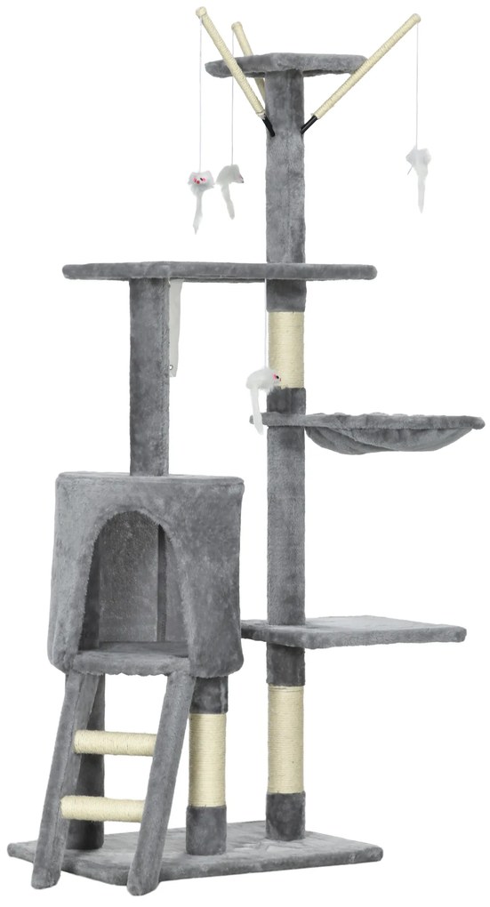 PawHut Arranhador para Gatos de 134,2 cm com Caverna Plataformas Rato de Brinquedo Rede e Postes de Sisal 50x35x134,2 cm Cinza