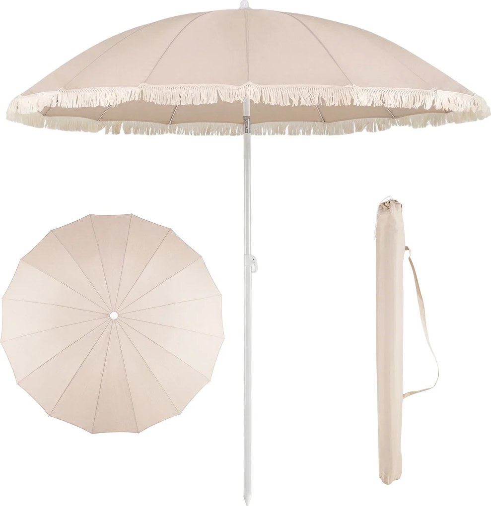 Guarda-sol de praia com franjas, 200 cm, 12 varas, ângulo de inclinação ajustável, proteção solar, estilo boémio, para jardim, pátio ou piscina, bege